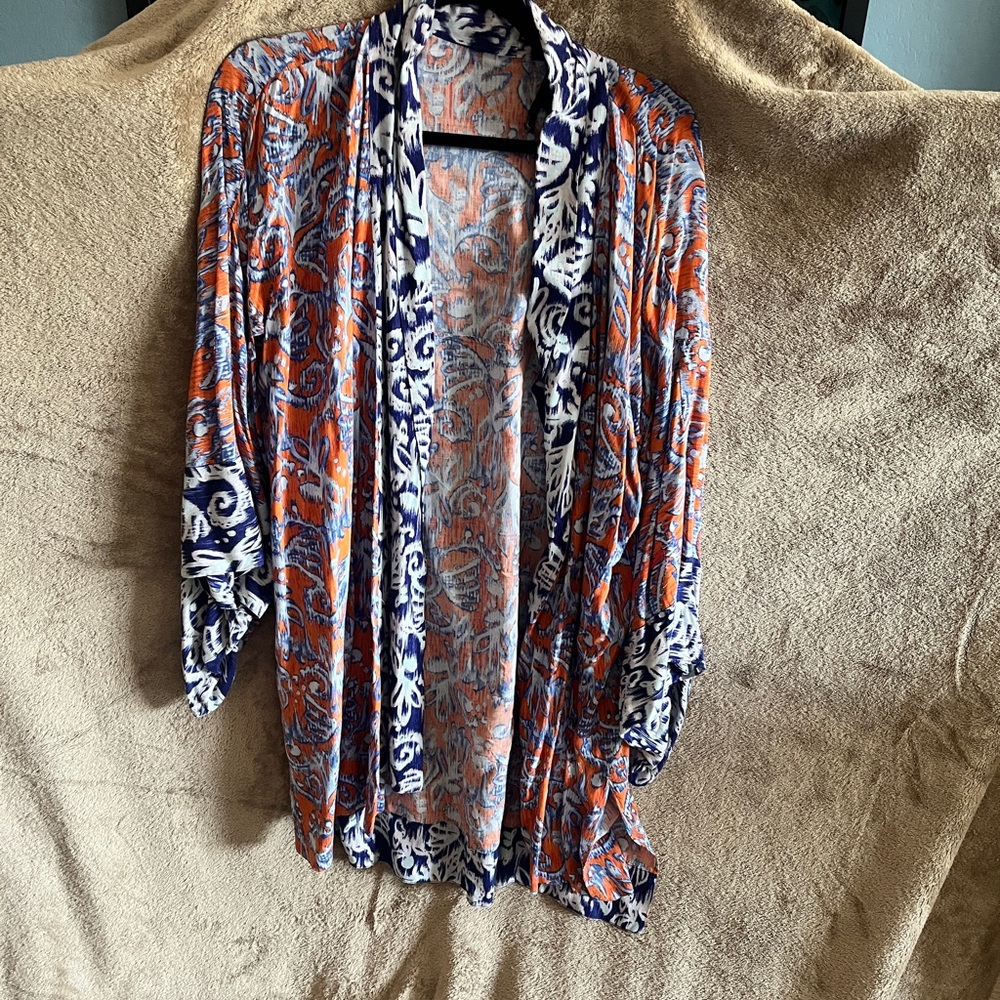 BCBGMaxAzria Orange and Navy Blue Printed Open Cardigan